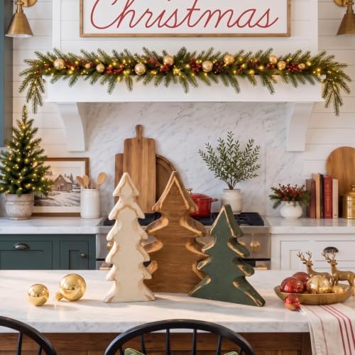 Cinnvoice 3pcs Christmas Tree Wooden Decor, Rustic Farmhouse Tabletop Decor