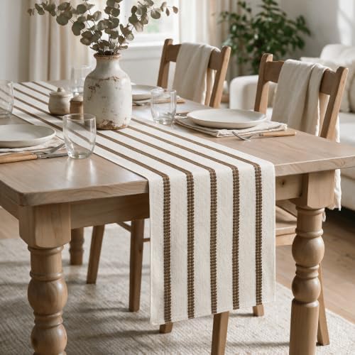 Artoid Mode Light Coffee Farmhouse Woven Stripe Table Runner, Seasonal Holiday Boho Rustic Kitchen Dining Table Decoration for Home Party Decor 12x72 Inch