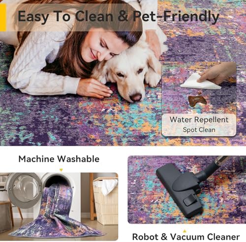 RELEANY Washable Round 8ft Area Rug for Living Room Purple Multi