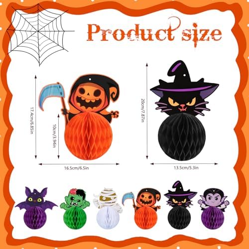 Konsait Halloween Hanging Decorations - 6 Pack 3D Honeycomb Hanging Bat Cat Zombie Vampire Decor for Indoor Outdoor Party Supplies & Accessories