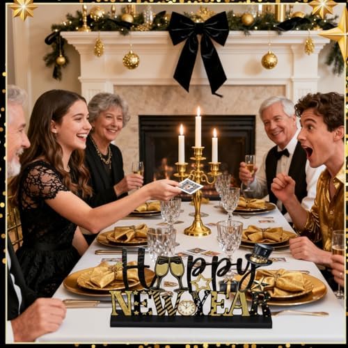 Cinnvoice Happy New Year Table Decoration Metal New Year Letter Sign 2026 Black and Gold Table Centerpieces with Wooden Base for Home Tiered Tray Centerpiece Mantel Shelf Fireplace Eve Party Supplies