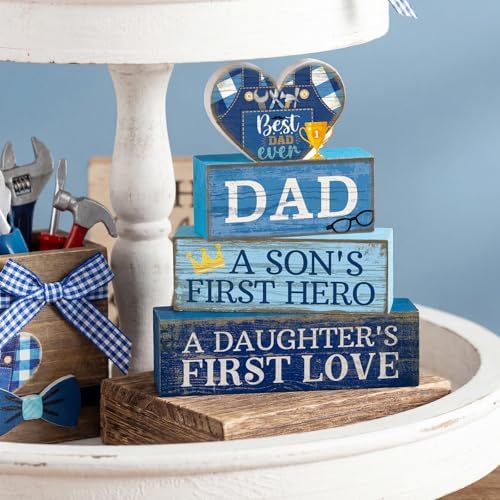Lineshading 4 Pcs Dad Block Signs Wooden Farmhouse Decor, Father's Day