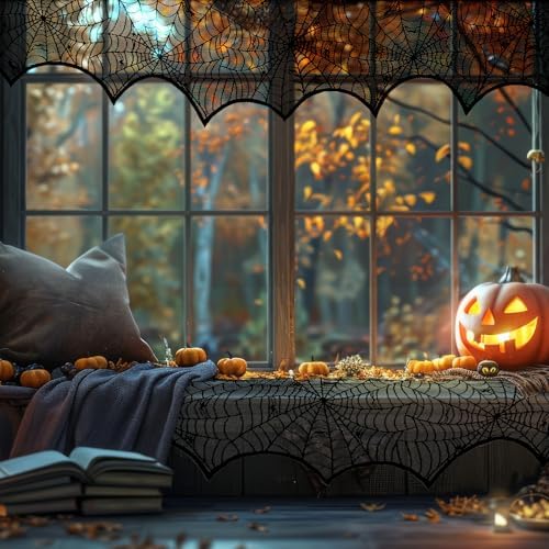 Halloween Mantle Scarf Fireplace Cover 18 x 96 inch Black Lace Cobweb Fireplace Mantle Scarf Cover for Halloween Decorations Festive Party Supplies Decor