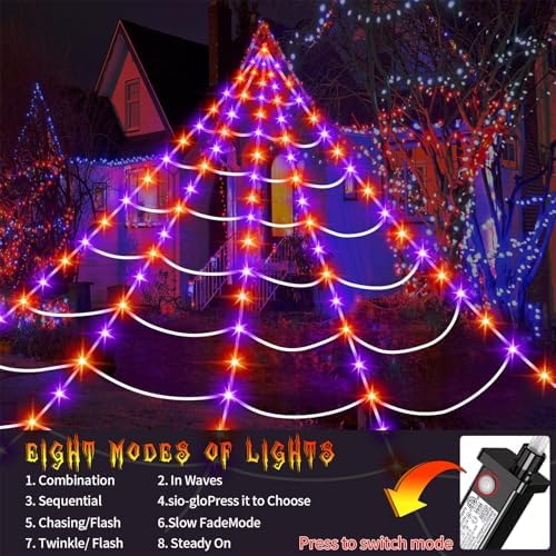 Halloween Giant Spider Web Lights Decorations Outdoor, 16.4Ft 200 LED Lighted Spider Web Light up with 8 Modes for Yard House Decor