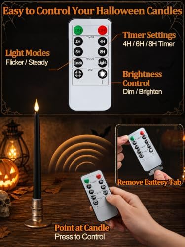 Alphatool 12 Pcs Halloween Black LED Flameless Candles with Remote, Bases