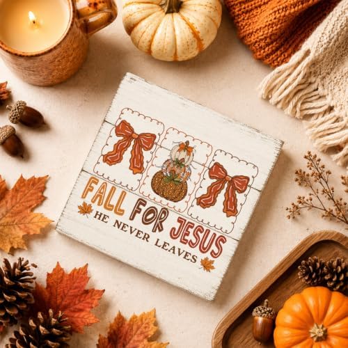 Fall For Jesus He Never Leaves Sign | Bow Pumpkin Panel Set Decor