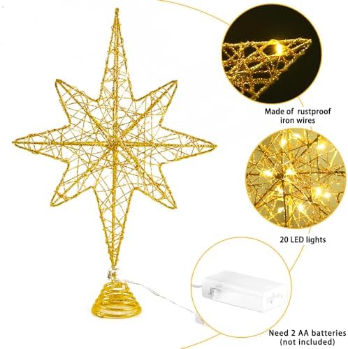 DULEFUN Christmas Tree Topper Lighted 13.5” Gold Star Tree Toppers with 20 LED Lights Christmas Tree Top Ornament for New Year Holiday Home Office Indoor Decorations