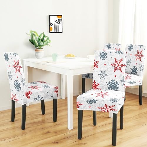 Christmas Chair Covers Set of 4,Xmas Snowflake Dining Chair Slipcovers,Elastic Removable Washable Dining Parsons Chair Protectors,Christmas Decor for Dining Room White