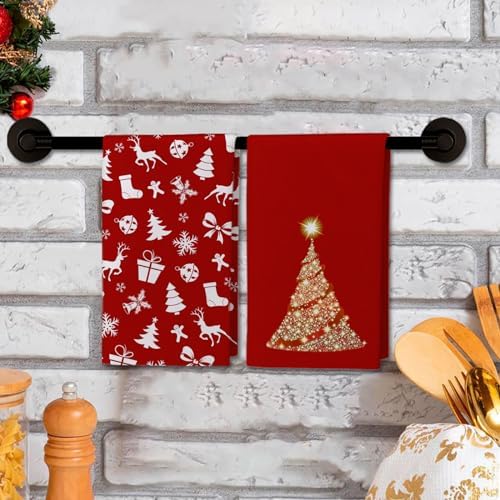 JOOCAR Red Christmas Kitchen Towels Bright Kitchen Decor Dish Towels Set of 2, 16x27 Inch Seasonal Gold Christmas Tree Drying Dishcloth, Cartoon Christmas Decoration Hand Towels
