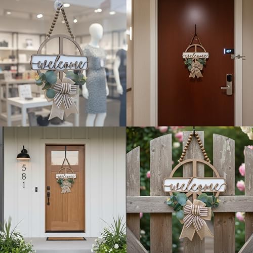 CondorPasea 12 Inch Round 3D Welcome Door Sign, 0.4" Thick Solid Wood Front Door Welcome Sign with Artificial Greenery