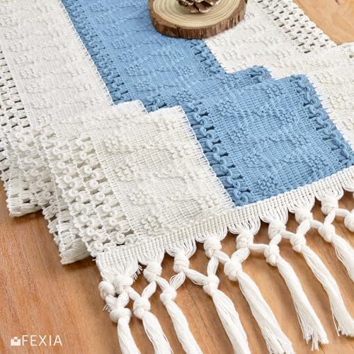 FEXIA Boho Table Runner for Home Decor 12x72 Light Blue Farmhouse Decor