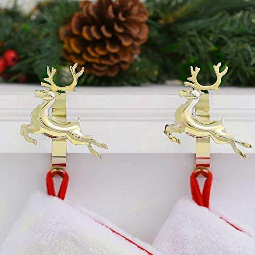 Haute Decor MantleClip Stocking Holders with Removable ZINC Alloy Holiday Icons (2-Pack Reindeer, Gold)