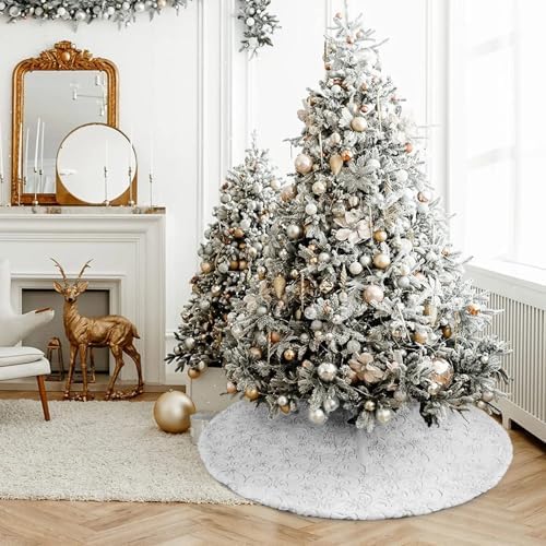 Christmas Tree Skirt 36 inch Silver Christmas Tree Skirt Embroidered Sequins Faux Fur for Xmas Holiday Home Party Decorations