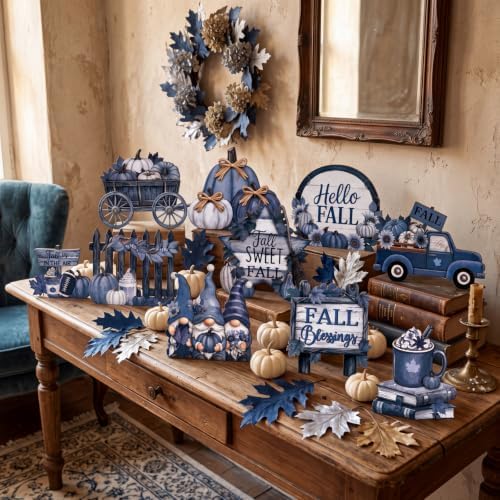 12 Pcs Fall Blue Decor for Home Blue Pumpkin Maple Leaf Table Centerpiece