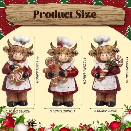 3 Pcs Christmas Highland Cow Figurine, Gingerbread Cookies Decor