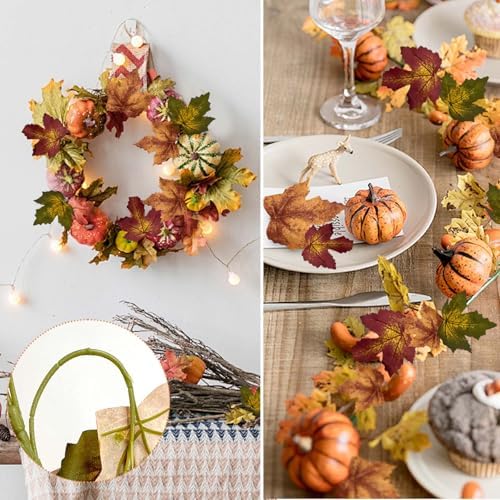 Daily Treasures 2Pcs Artificial Maple Leaves Branches,17.7in Artificial Autumn Decorations,Fake Fall Leaves Stems,Fake Plants Fall Decor for Thanksgiving,Halloween,Outdoor,Home,DIY(Green-Yellow-Red)