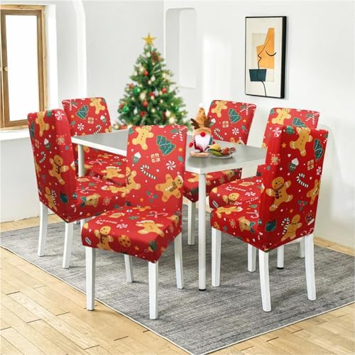 Red Christmas Chair Covers Set of 6,Winter Gingerbread Christmas Tree Snowflake Chair Protectors,Elastic Removable Washable Dining Chair Covers for Winter Christmas Kitchen Dining Room Holiday Decor