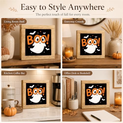 Halloween Wooden Sign, Boo Ghost and Bat Tabletop Decor for Home