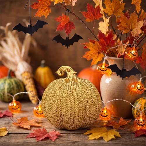 4.7" Resin Gold Pumpkin Decor, Fall Halloween Decorative Pumpkins