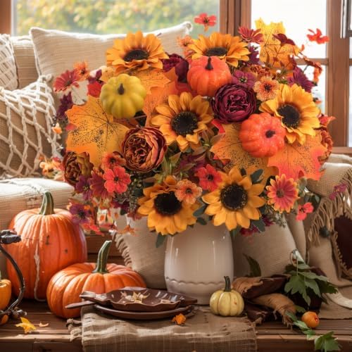 Mixed 12 Pcs Fall Artificial Flowers, Sunflower Peony Bouquet with Maple Leaves Pumpkins, Autumn Faux Floral Arrangements for Table,Thanksgiving, Halloween, Porch Planters, Garden Patio Outdoors Decor