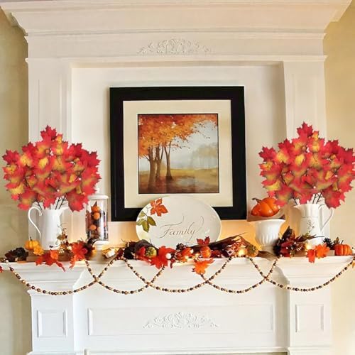 5 Pcs Fake Fall Maple Leaves Stems 19.6” Artificial Autumn Foliage Branches