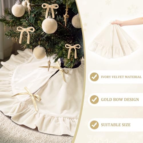 Velvet Christmas Tree Skirt, 36 Inches, Bow Style, Ivory White