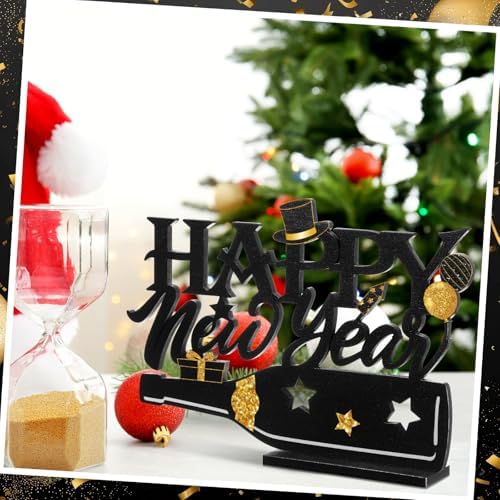 Amyhill 2026 Happy New Year Wood Sign Wooden Black Gold Glitter Tabletop Decorations 2026 Table Centerpiece for New Year Eve Party Supplies Home Decorations