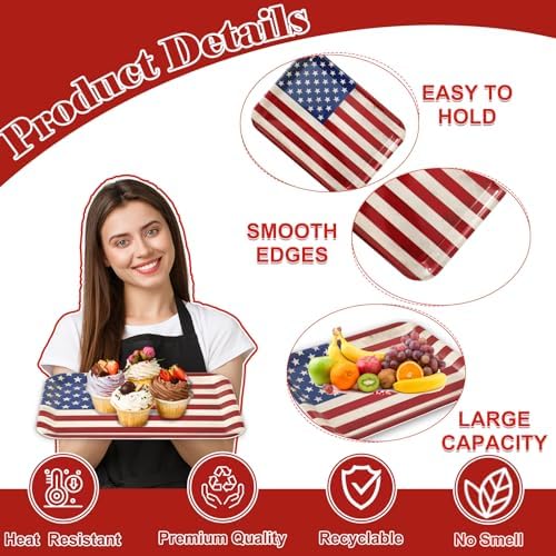 Whaline 3 Pcs Patriotic Serving Trays Vintage American Flag Melamine Platter Retro Stars Stripes Serving Dishes for 250th Anniversary 4th of July Independence Day BBQ Party Supplies, 10 x 13 Inch