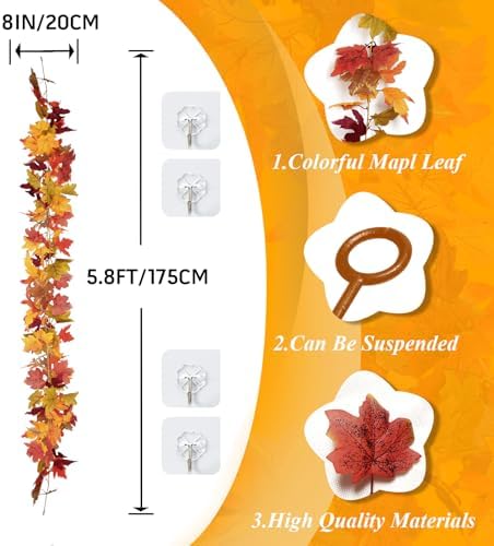 11.6Ft(2Pcs*5.8Ft) Fall Artificial Maple Leaves Garland Decorations