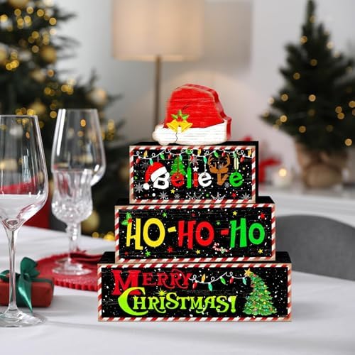 Britimes Tiered Tray Decor Set, 4 Pack, Wooden Table Sign, Christmas Santa