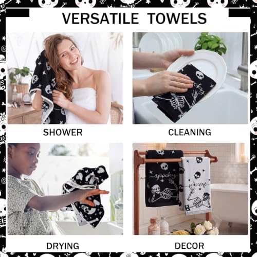 Breling 2 Pcs Halloween Skeleton Hand Towels Black White Bathroom Towels