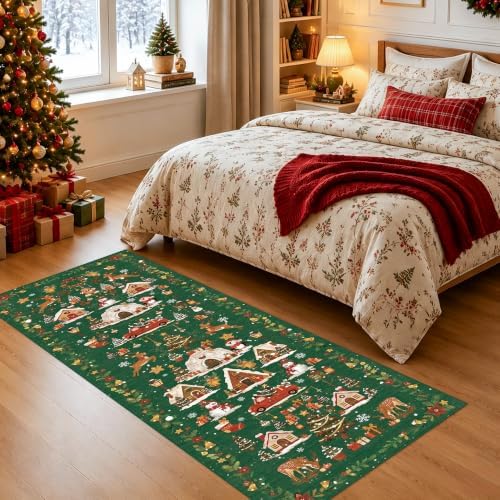 Washable Christmas Rug Runner 2x6 - Xmas Snowflake Green Rug for Kitchen Entryway Non Slip Farmhouse Low Pile Carpet
