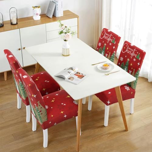 Christmas Chair Covers Set of 4,Xmas Tree Dining Chair Slipcovers,Elastic Removable Washable Dining Parsons Chair Protectors,Christmas Decor for Home Red