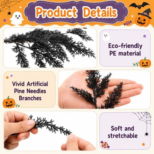 10 Pcs 18" Halloween Black Cedar Pine Picks, Gothic Pine Branches Decor
