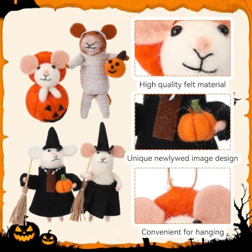 Hahafelt 4 Pcs Halloween Felt Mouse Ornaments Set Wool Handmade Mice