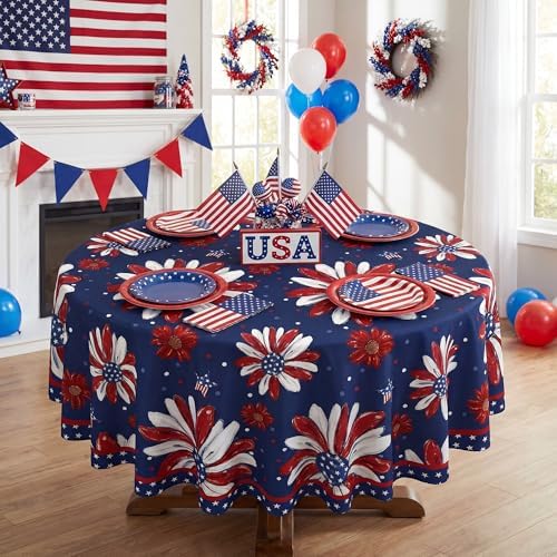 4th of July Tablecloth 60 Inch Round, Patriotic Memorial Day Print Flowers Decorations for Home Table Cloth, Independence Day Blue Seasonal Decor Tablecloths Polyester for Picnic Party Supplies
