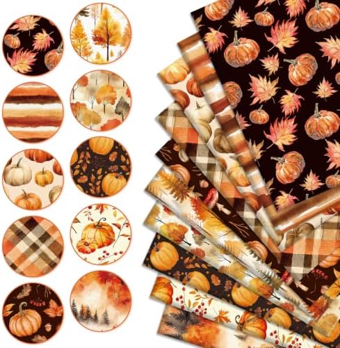 Whaline 10Pcs Fall Cotton Fabric Bundles Pumpkin Maple Leaves Fat Quarters Orange Brown Autumn Forest Sewing Fabrics for Harvest Party Thanksgiving DIY Craft Home Decor, 18 x 22 Inch