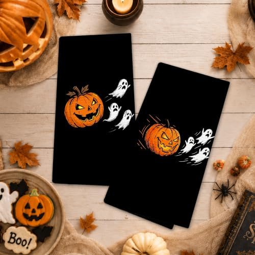 Halloween Pumpkin Ghost Kitchen Towels, Halloween Hand Towels for Bathroom Decor, Funny Spooky Pumpkin Ghost Black Dishcloths Dish Towel for Kitchen 16x24 Inches Set of 2