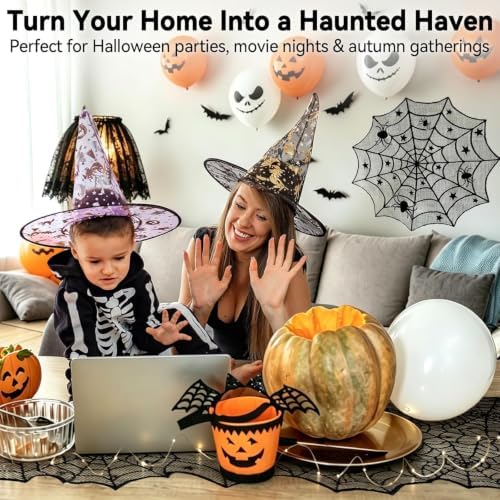 5-in-1 Halloween Decorations Kit, Black Lace Spiderweb Tablecloth, Bats Set