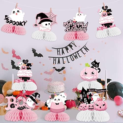 Halloween Birthday Honeycomb Centerpieces Pink Halloween Table Decorations for Birthday Party Ghost Spooky Honeycomb Pumpkin Ghost Bat Table Toppers for Girls 1st 2nd 3rd Birthday Party