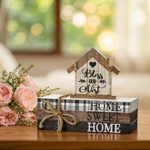 Smile Farmhouse Wooden Tabletop Decor Rustic Home Sweet Home Table Centerpiece, Block Sign Tiered Tray Decoration for Kitchen Shelves Desk Mantel