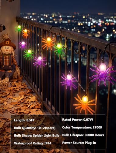 Halloween Spider String Lights Outdoor, 8.5FT 10 LED Spider Lights Plug in