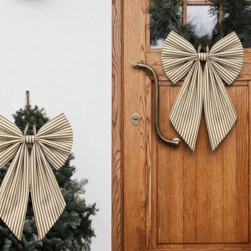 Suncalla 2 Pcs Khaki Christmas Neutral Stripe Wreath Bows 18'' x 12''