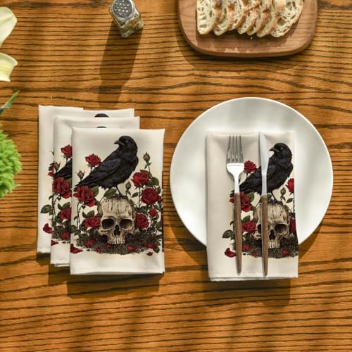 Horaldaily Halloween Cloth Napkins, Crow Skeleton Roses Napkins Set of 12