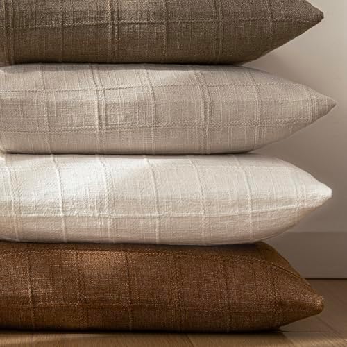 Decorative Linen Check Throw Pillow Covers Neutral Farmhouse / 20 x 20 / Natural Linen / Set of 2