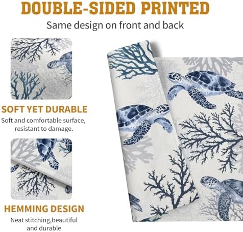 Coastal Beach Placemats Set of 4 Nautical Theme Coral Sea Turtle Navy Blue Place Mat 12x18 Inch Seasonal Summer Ocean Washable Linen Fabric Table Mats for Party Kitchen Dining Decoration
