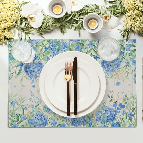 Hydrangea Spring Summer Placemats Set of 4 Sage Green Eucalyptus Leaves Blue Floral Butterfly Placemat 12x18 Inch Seasonal Holiday Table Place Mats for Farmhouse Kitchen Dining Decor