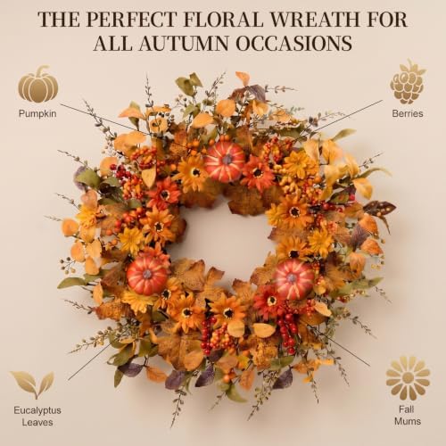 Artificial Fall Wreath 22 Inch Fall Wreaths for Front Door with Orange Pumpkins Berries Daisies Eucalyptus Leaves Autumn Door Wreaths for Thanksgiving Harvest Festival Wall Porch Farmhouse