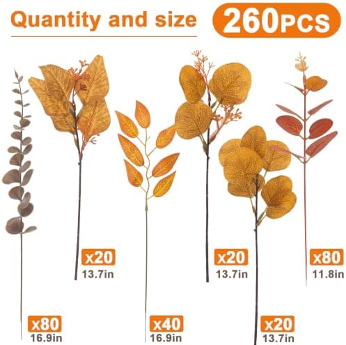 lovemoon 260 Pcs Fall Mixed Greenery Artificial Eucalyptus Stems, Orange