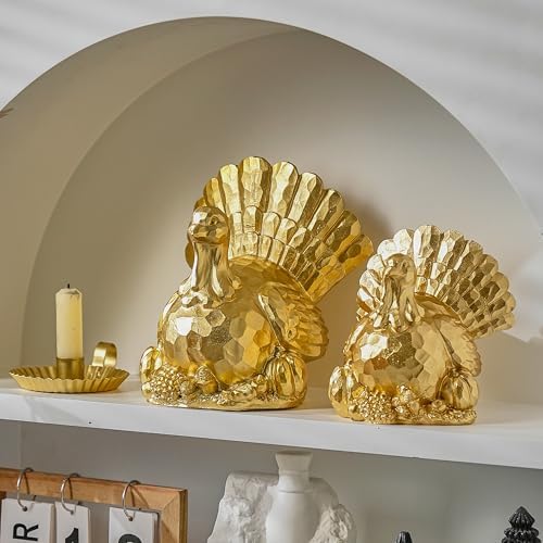 FESTGLOX Thanksgiving Turkey Decor, Gold Resin Turkey Figurine Table Decor